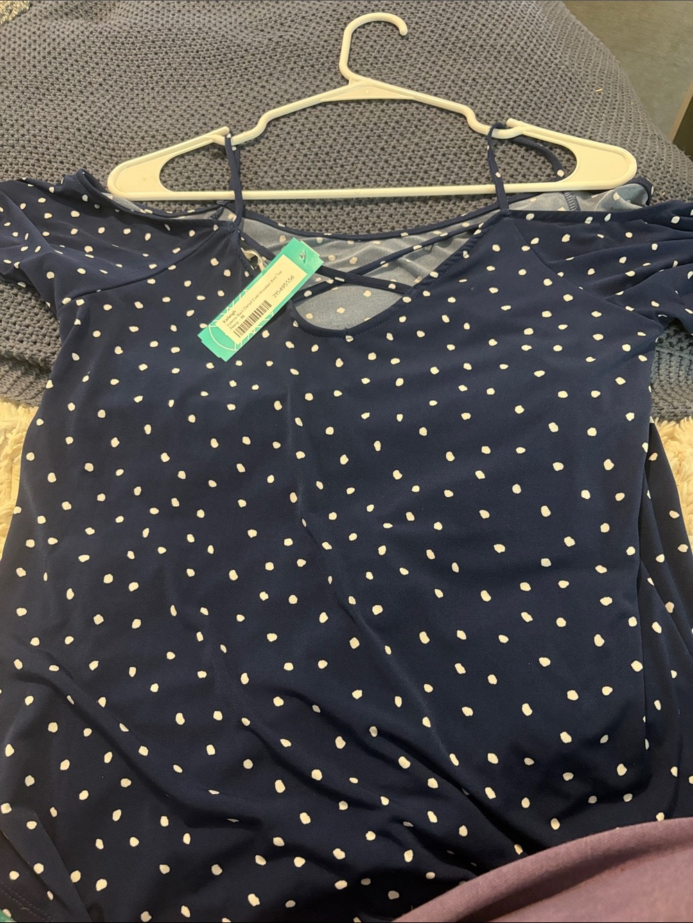 Kaileigh Navy and White Polka Dot Cold-Shoulder Camisole